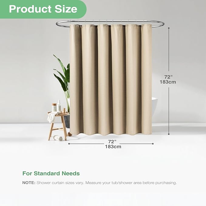 Waffle Shower Curtain 256 GSM Heavy Duty Fabric 72x72 Beige/Khaki | Thick Textured Cloth, Weighted Hem, Water Repellent Washable, Hotel Luxury Polyester Shower Curtain Set for Bathroom 12 Hooks