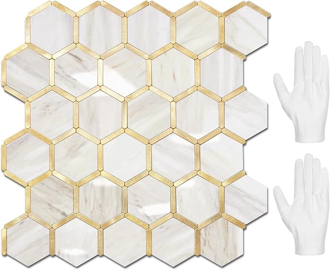 STICKGOO Hexagon Peel and Stick Backsplash Tile, Stick on Backsplash for Kitchen and Bathroom, Glossy Eurasian Wood Grain PVC Mixed Metal Gold Self Adhesive Wall Tiles(10 Sheets, Seamless)
