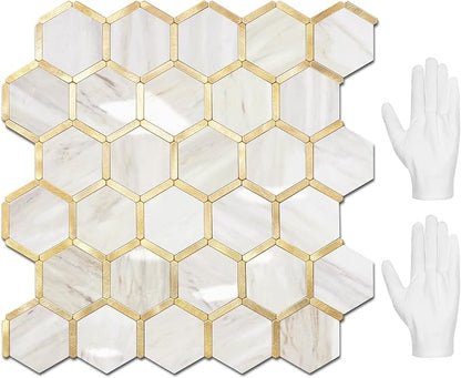 STICKGOO Hexagon Peel and Stick Backsplash Tile, Stick on Backsplash for Kitchen and Bathroom, Glossy Eurasian Wood Grain PVC Mixed Metal Gold Self Adhesive Wall Tiles(10 Sheets, Seamless)