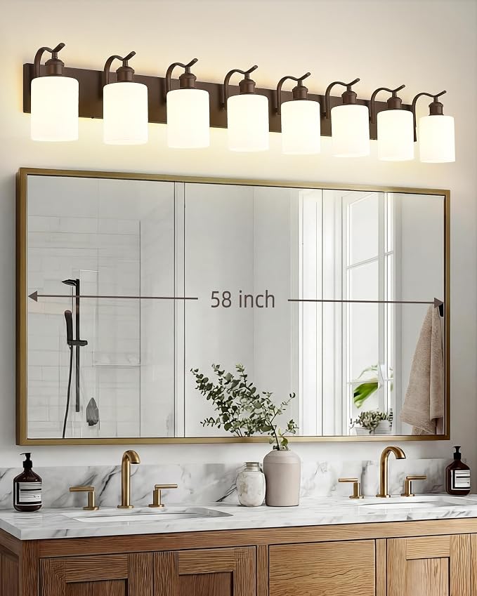 8-Light Bathroom Vanity Light,White Frosted Glass,Oil Rubbed Bronze | 56 Inch Over Mirror Wall Light,E26 sockets,for bathroom mirror,powder room,dressing area