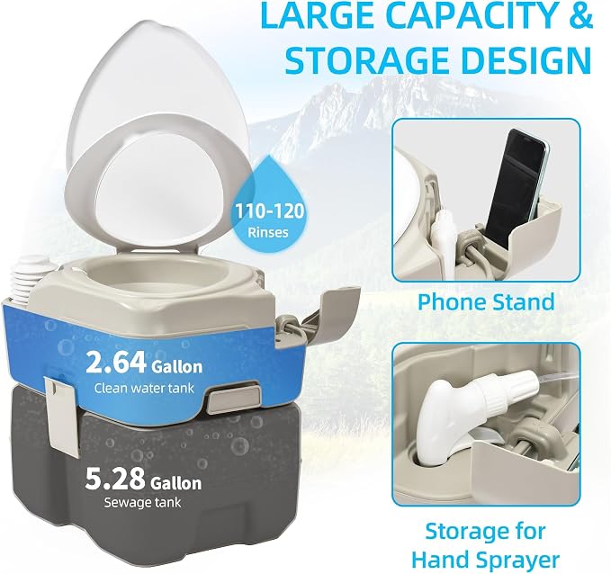 YITAHOME 5.28 Gallon Portable Camping Toilet Porta Potty with Diagonal | Hand Sprayer and Press Flush Pump, Space Saving Indoor Outdoor Toilet for Adults, RV Travel, Boat and Trips