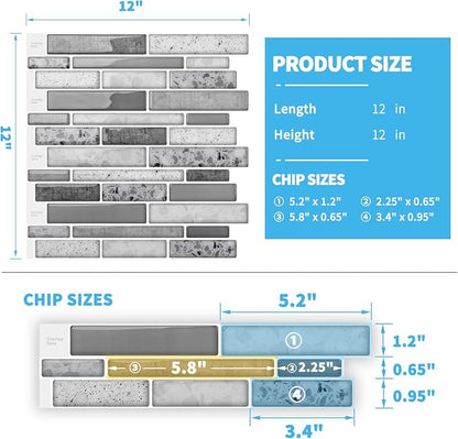Art3d Stone Peel and Stick Backsplash, 10-Sheet, 12" x 12", Grey Marble | Lightweight, Self Adhesive, Moisture Resistant, Easy to DIY, Modern Style, for Kitchen, Bedroom, Ideal for New Home Buyers