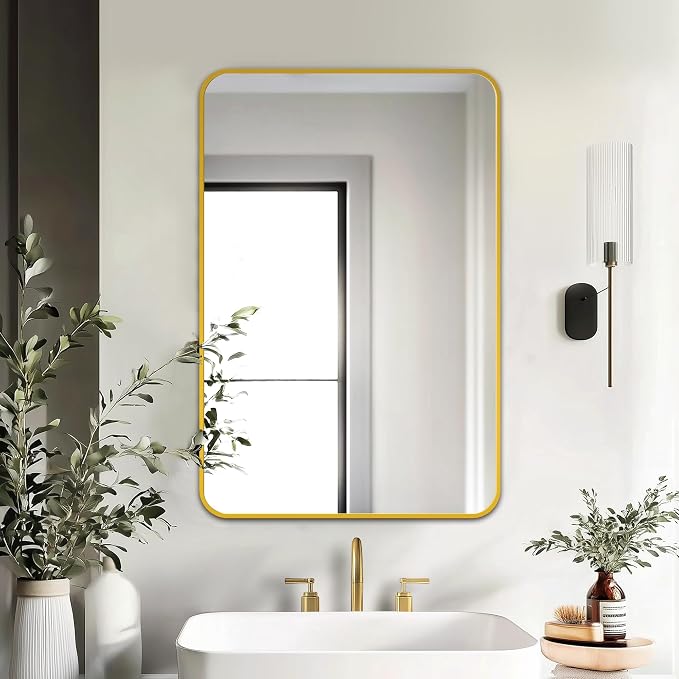 Bathroom Vanity Mirror, Gold Framed Mirror for Over Sink, 30x20 | HD glass, distortion-free for makeup and grooming, Sturdy frame, all mounting hardware, hangs horizontal or vertical