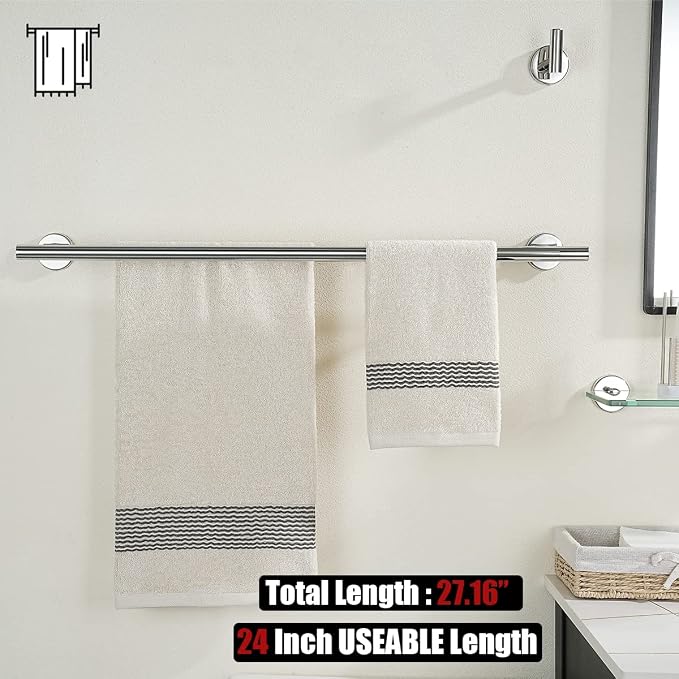 JQK Chrome Towel Bar, 24 Inch 304 Stainless Steel Thicken 0.8mm Double Bath Towel Rack for Bathroom, Towel Holder Polished Chrome Wall Mount, Total Length 27.16 Inch, TB100L24-CH