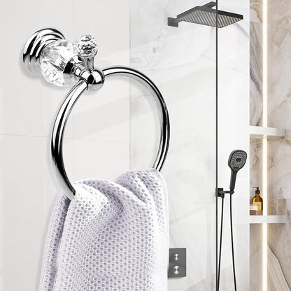 2 Pieces Sets Silver Crystal Series Toilet Paper Holder Wall Mouted Towel Ring, Gold Round Hand Towel Rack Decorative for Bathrooms