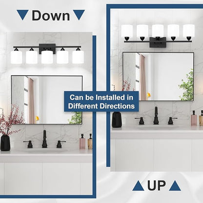 Black Bathroom Lighting Fixtures Over Mirror, 5-Light Anti-Rust Vanity Light for Bathroom, 28.34Inches Modern Wall Sconce, Standard E26 Base, Milky White Glass Shades, Bulbs Not Included