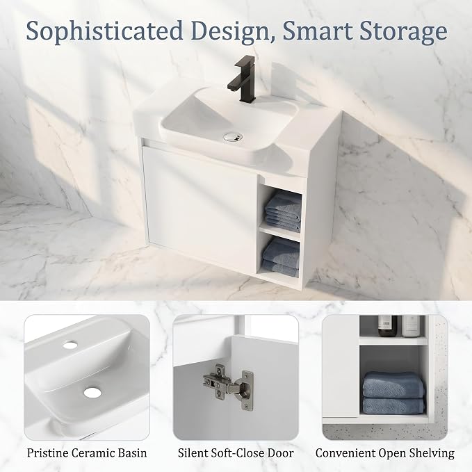 24" Bathroom Vanity with Sink, Wall-Mounted Cabinet, Glossy White | Ceramic Sink, Soft-Close Door & 2 Open Storage Shelves, Modern Farmhouse Sink Cabinet, Easy to Clean for Small Bathroom