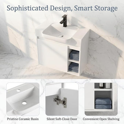 24" Bathroom Vanity with Sink, Wall-Mounted Cabinet, Glossy White | Ceramic Sink, Soft-Close Door & 2 Open Storage Shelves, Modern Farmhouse Sink Cabinet, Easy to Clean for Small Bathroom