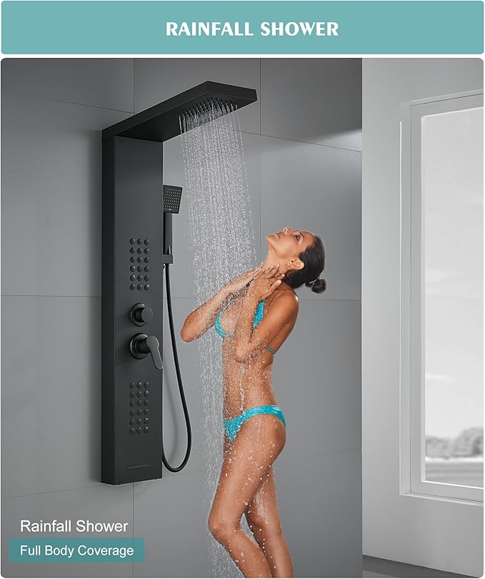 Shower Panel Tower System with Rainfall Shower Head, Powerful Body Jets, Matte Black Shower Tower with Handheld Shower and Tub Spout, Stainless Steel Shower Column High Pressure