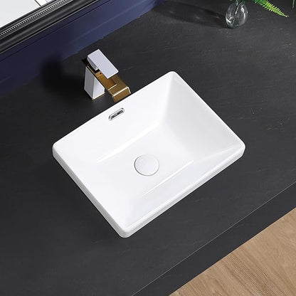 Semi Recessed Bathroom Sink 17"x13" Vessel Sink Drop-in White Porcelain Ceramic Modern Rectangular Sinks Basin Vanity Sinks with Overflow for Bathrooms