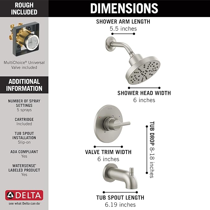 Delta Nicoli 14 Series H2Okinetic Bathtub and Shower Faucet Set, Brushed Nickel Shower Head and Handle Set, Valve Trim Kit, Stainless 144749-SS (Valve Included)
