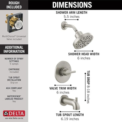 Delta Nicoli 14 Series H2Okinetic Bathtub and Shower Faucet Set, Brushed Nickel Shower Head and Handle Set, Valve Trim Kit, Stainless 144749-SS (Valve Included)