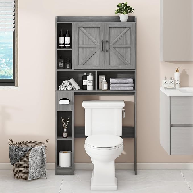 Vabches Over The Toilet Storage Cabinet with 2 Barn Doors, Gray | Farmhouse Storage Cabinet with Toilet Paper Holder Stand，Home Space-Saving Toilet Rack, for Bathroom, Restroom, Laundry