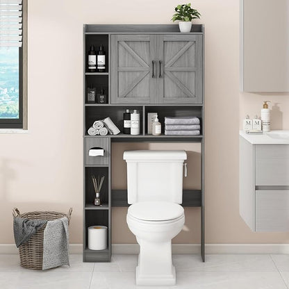 Vabches Over The Toilet Storage Cabinet with 2 Barn Doors, Gray | Farmhouse Storage Cabinet with Toilet Paper Holder Stand，Home Space-Saving Toilet Rack, for Bathroom, Restroom, Laundry
