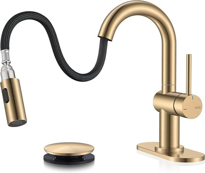 Champagne Bronze Pull Down Bathroom Faucet, 1 Handle Vanity Faucet | Bathroom Sink Faucet with Pop Up Drain & 6 Inch Deck Plate, Lead-Free cUPC & NSF Certified, 1 Hole Faucet for Vanity RV Bar