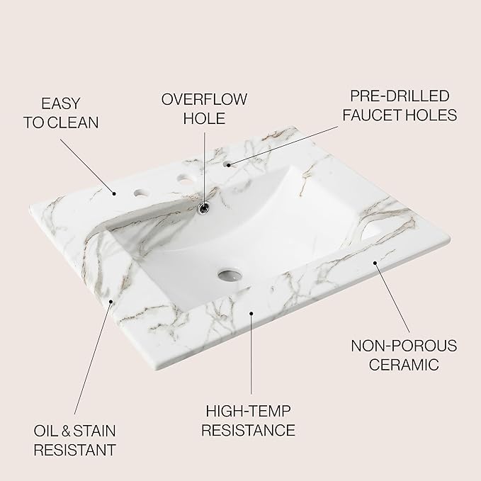 JONATHAN Y SNK1001C Ancillary 3-Hole 24 in. W x 18.25 in. D Classic Contemporary Rectangular Ceramic Single Sink Basin Vanity Top, White Marble Effect