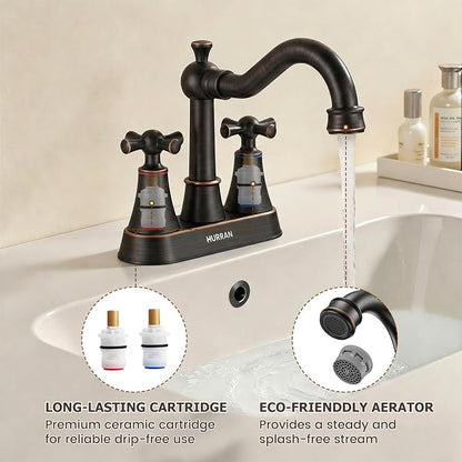 4-inch Centerset ORB Classical Bathroom Faucet, 2 Handles for 2 or 3 Hole Sink with 360° Swivel Spout, Pop Up Drain Assembly and Supply Hose for Vanity Sink Lavatory Faucet