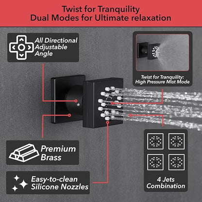 VANFOXLE Shower Faucet Set Matte Black Shower System,Four Modes Shower Faucet with 2 in 1 Handheld,Ceiling Mount 10 Inch Shower Head with 6 Inch Shower Head, 4 PCS Dual Modes Body Jets
