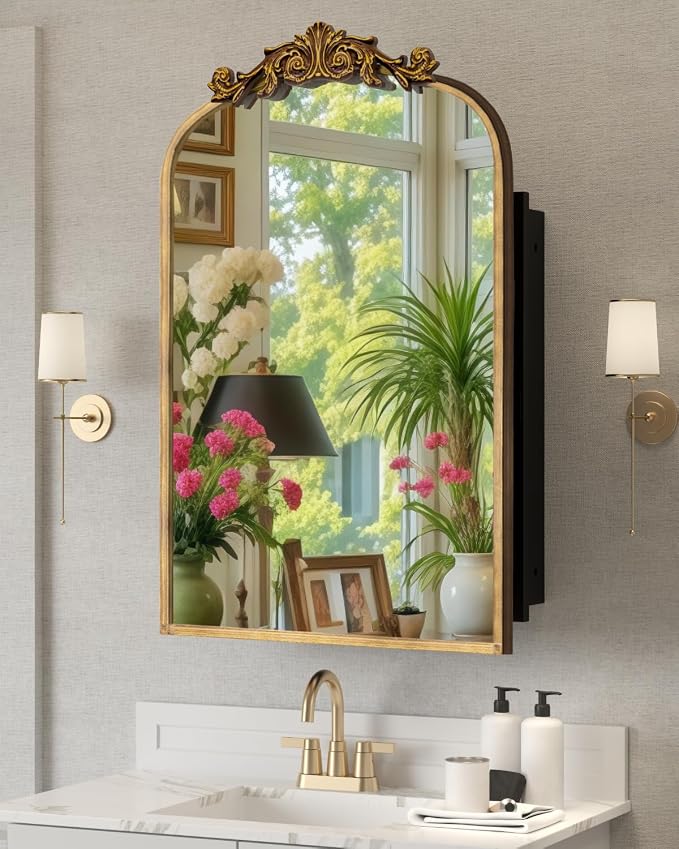 20"x30" Vintage Bathroom Medicine Cabinet with Mirror, Retro Hand-Painted Flower Art Decor, Arched Aluminum Frame Medicine Cabinets Recessed / Wall Mounted, 2 Stable & Removable Shelves, 1 Organizer