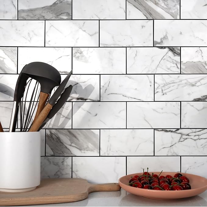 Vamos Tile 4-Piece Glossy Statury White Peel and Stick Backsplash Tile | 3''x6'' PVC Subway Tile with Dark Gray Grout, Stick on Backsplash for Kitchen/Bathroom/Fireplace/Laundry/Camper