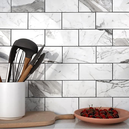 Vamos Tile 4-Piece Glossy Statury White Peel and Stick Backsplash Tile | 3''x6'' PVC Subway Tile with Dark Gray Grout, Stick on Backsplash for Kitchen/Bathroom/Fireplace/Laundry/Camper