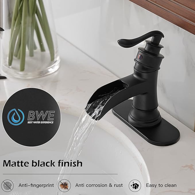 BWE Black Bathroom Faucet Matte Waterfall Sink Farmhouse Bath Vanity Single Hole Faucets One Handle Basin Antique centerset Restroom Mixer Tap Supply Line