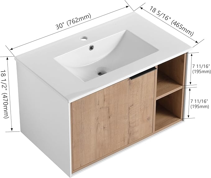 30 Inch Bathroom Vanity with White Sink Combo, Wall-Mounted Bathroom Vanity for Small Space, Bathroom Cabinet with 1 Door&Side Shelf