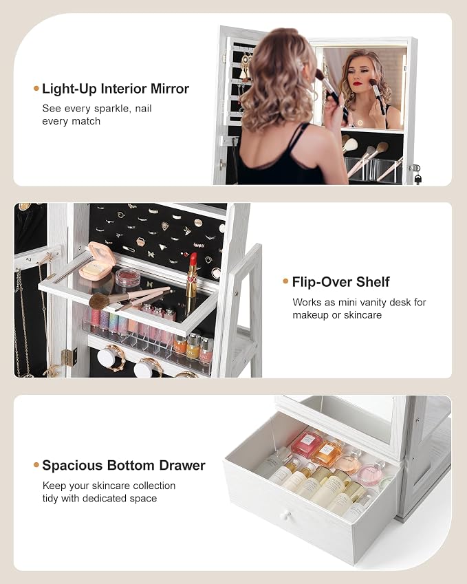 Nicetree 360° Swivel LED Jewelry Cabinet, Full-Length Mirror, Grain White