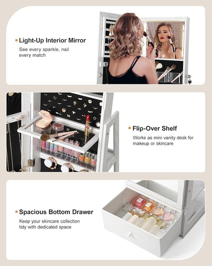 Nicetree 360° Swivel LED Jewelry Cabinet, Full-Length Mirror, Grain White