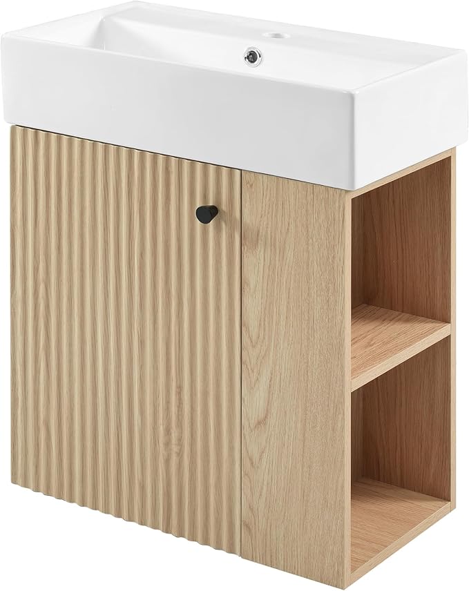 LUMISOL 21.6" Small Floating Bathroom Vanity with Sink, Wall Mounted Bathroom Vanity with One Door & Right Side Shelf, Solid Wood Narrow Bathroom Cabinet with Ceramic Sink, Natural