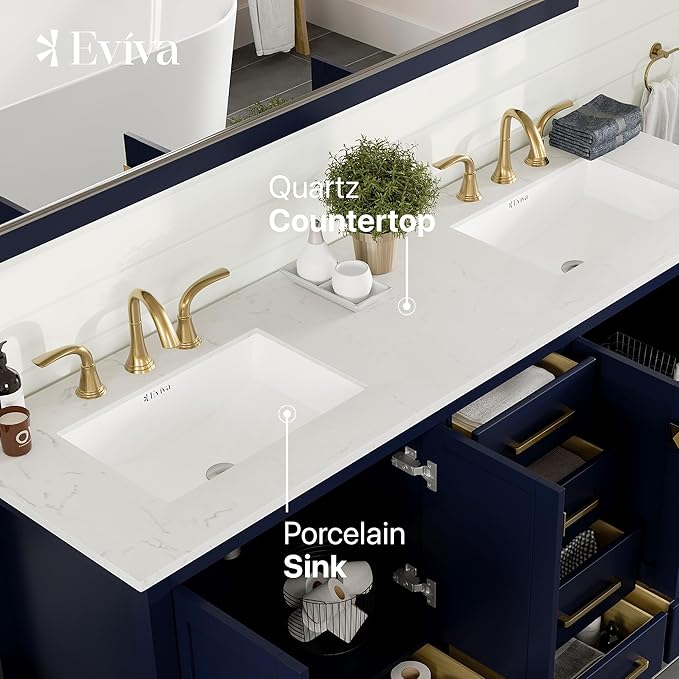 Eviva Aberdeen 72 in. Blue Double Sink Bath Vanity with Carrara Quartz Top and Undermount Porcelain Sinks