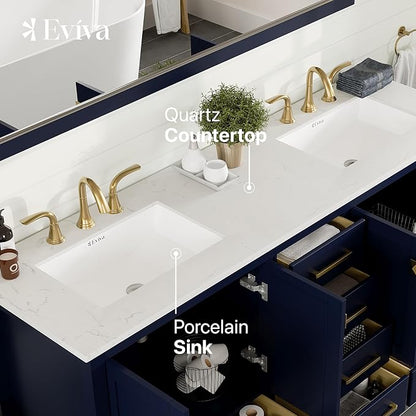 Eviva Aberdeen 72 in. Blue Double Sink Bath Vanity with Carrara Quartz Top and Undermount Porcelain Sinks