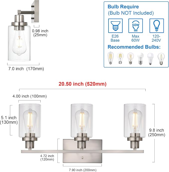 MELUCEE 3 Lights Wall Sconce Brushed Nickel Finished 20.5 Inch | Modern Bathroom Vanity Light Fixtures with Clear Glass Shade Suit for Porch Bedroom Foyer Kitchen (Patent No.: US D963914 S)