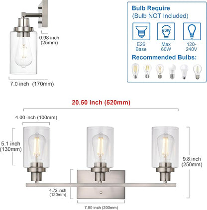 MELUCEE 3 Lights Wall Sconce Brushed Nickel Finished 20.5 Inch | Modern Bathroom Vanity Light Fixtures with Clear Glass Shade Suit for Porch Bedroom Foyer Kitchen (Patent No.: US D963914 S)