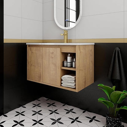 30 Inch Bathroom Vanity with Sink, Imitative Oak Modern Wall Mount Floating Vanity Set with Soft-Closing Door and Ceramic Basin, Contemporary Styling for Elegant Bathrooms
