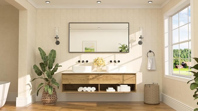 Matte Black Beveled Framed Bathroom Mirror 60" x 30" Large Black Rectangle Metal Vanity Wall Mirror for Bathroom Sink, Modern Farmhouse, Tempered Glass, Shatterproof, Stronger Frame
