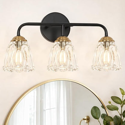 Daunton Vintage 3 Light Vanity Light, Black and Gold Bathroom Vanity Light, Bathroom Light Fixtures with Glass Shade, Antique Vanity Light Fixtures Over Mirror, Wall Sconce for Bedroom, Living Room