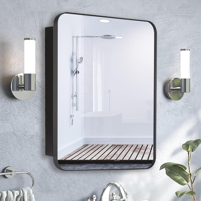 20’’x26’’ Medicine Cabinet,Metal Framed Medicine Cabinet Mirror with Round Corner,Recessed and Surface Mount Bathroom Mirror with Storage, Removeable Shelves,Dark Gray Frame