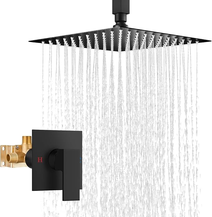 Airuida 10 Inch Matte Black Shower Faucet Set,Rainfall Shower System | Ceiling Shower Head,Male Thread Rough-in Valve,Ceiling Mount,Single Handle