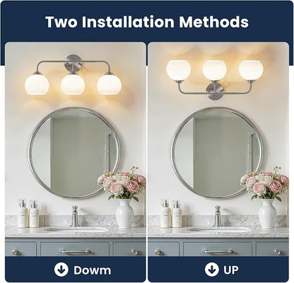 RUIYEY Bathroom Vanity Light Fixtures: 3-Lights Bathroom Lighting Fixtures Over Mirror, Brushed Nickel Vintage Wall Lights with Milky White Frosted Glass Shade for Bath Bedroom
