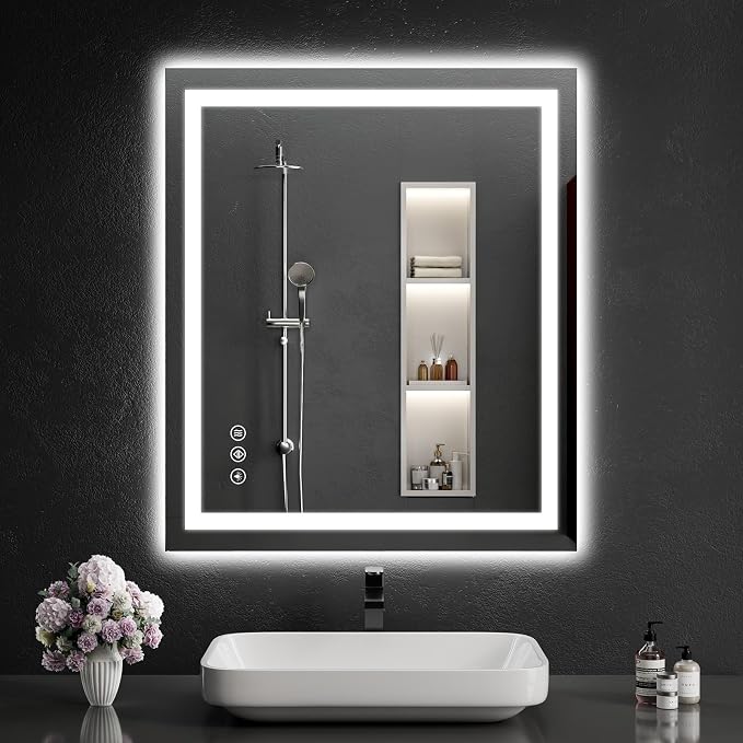 30"x32" Lighted LED Bathroom Mirror with Lights,Dimmable，Anti-Fog,Led Bathroom Vanity Mirror for Wall,Backlit + Front Lit,3 Colors,Memory Function,Shatter-Proof,Tempered Glass,Lighted Mirror