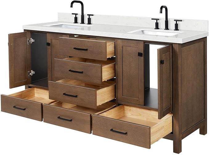 DKB Beckford 66-Inch Brown Oak Double Bathroom Vanity with Sink, 1.5-Inch Edge Carrara White Quartz Countertop & 4" Backsplash, Soft-Closing Doors & Drawers, Solid Oak Wood Construction
