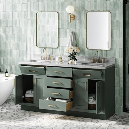ARIEL Hepburn 67 Inch Double Rectangle Sink Bathroom Vanity with Carrara White Marble Countertop 1.5 Inch in Vintage Green