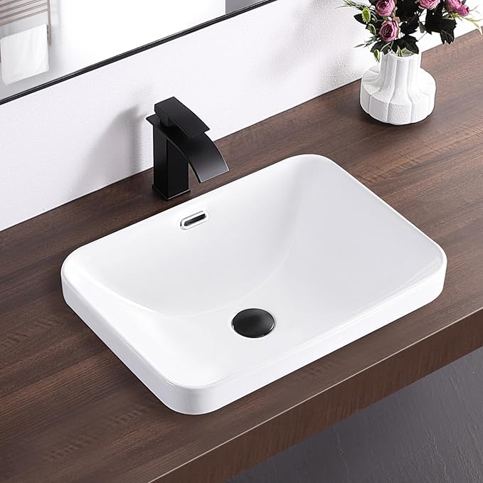 Bathroom Vessel Sink 20.6'' x 14.7'' Semi Recessed Bathroom Sink Rectangular Drop-in Vanity Sink with Overflow White Ceramic Modern Art Basin