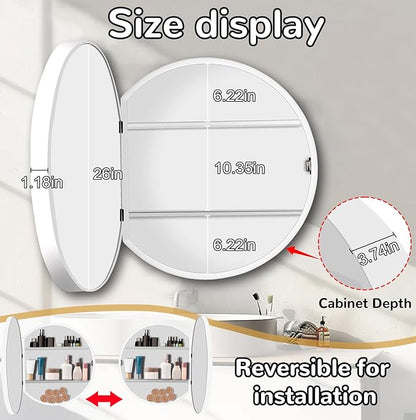 26 Inch Round Medicine Cabinet with Mirror, White Bathroom Medicine Cabinet for Wall Metal Framed, Surface Mount Only Circular Storage Cabinet with Vanity Mirror