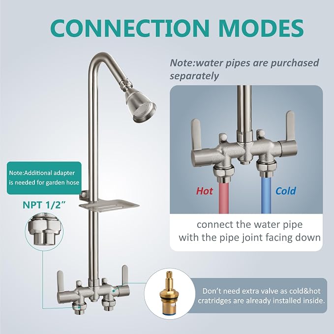 Aolemi Outdoor Shower Kit, Downward-Facing Inlets, Brushed Nickel | 3-Inch Center Hot And Cold Mixer Valve, Dual Handles, with Soap Dish For Convenient Outdoor Shower Use