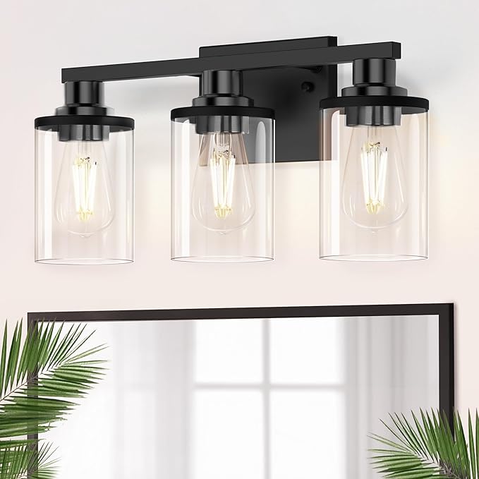 DORESshop 17 Inch Bathroom Light Fixtures, 3-Light Black Bathroom Lighting Fixtures Over Mirror with Clear Glass Shade, Vanity Lights for Bathroom Living Room Bedroom, ETL Listed
