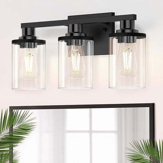 DORESshop 17 Inch Bathroom Light Fixtures, 3-Light Black Bathroom Lighting Fixtures Over Mirror with Clear Glass Shade, Vanity Lights for Bathroom Living Room Bedroom, ETL Listed