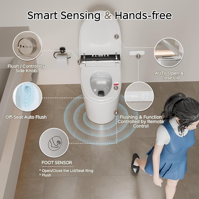 Smart Toilet with Bidet Built In, One Piece Bidet Toilet with Auto Dual Flush, Foam Shield, Modern Elongated Tankless Toilet with Foot Sensor, Heated Bidet Seat, Warm Water & Dryer,LED Display