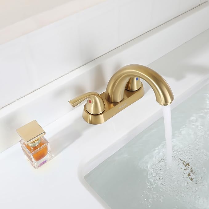 Bathroom Sink Faucet 4 Inch Centerset for Vanity, Brushed Gold | Mid Arc, 2 Handle Lead-Free Deck Mount Bathroom Faucet with Pop Up Drain Supply Lines, for 2 or 3 Hole Lavatory Utility Sink
